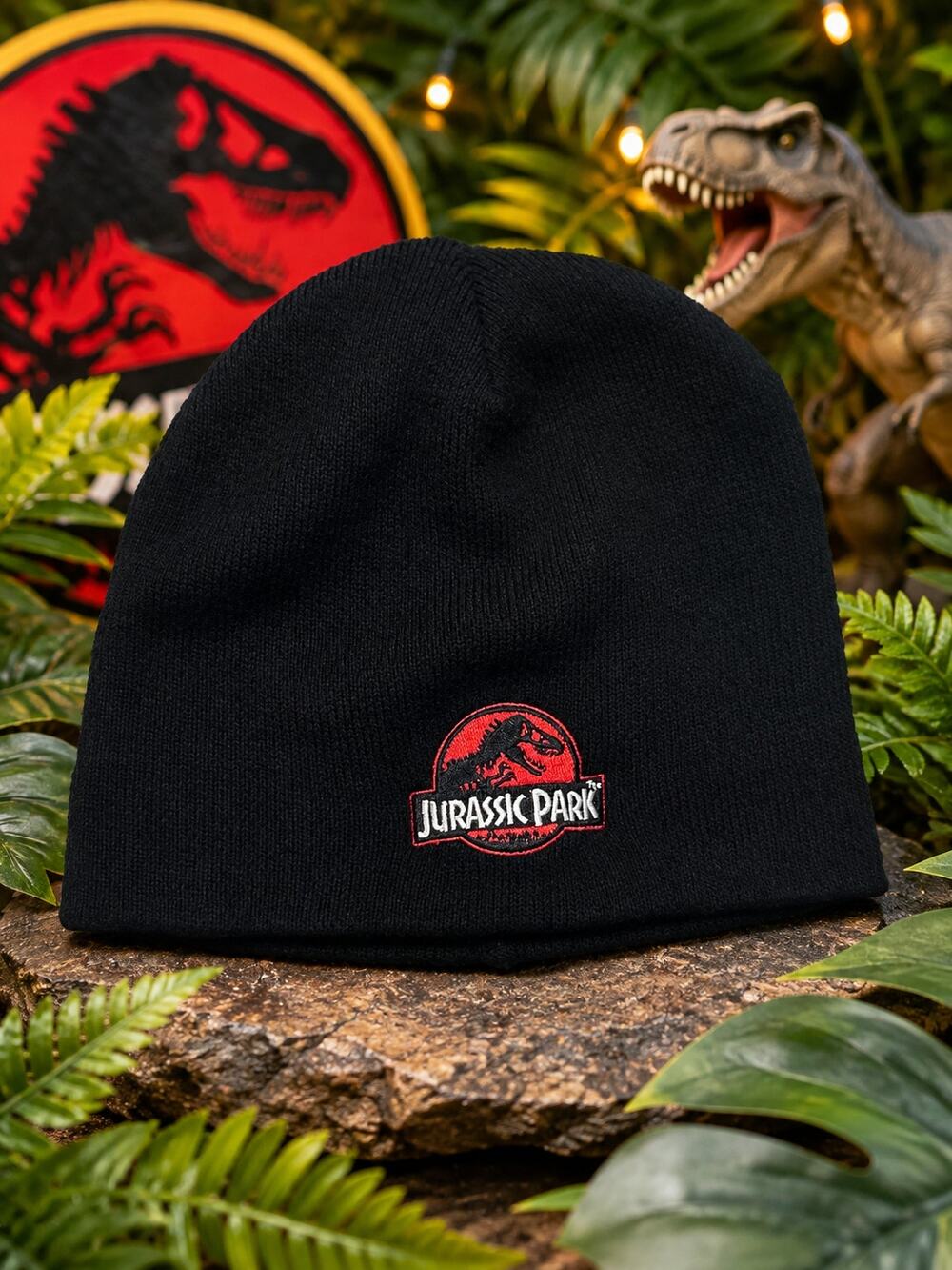 Jurassic Park Black Knit Beanie Hat Dinosaur Logo Embroidered Winter Cap